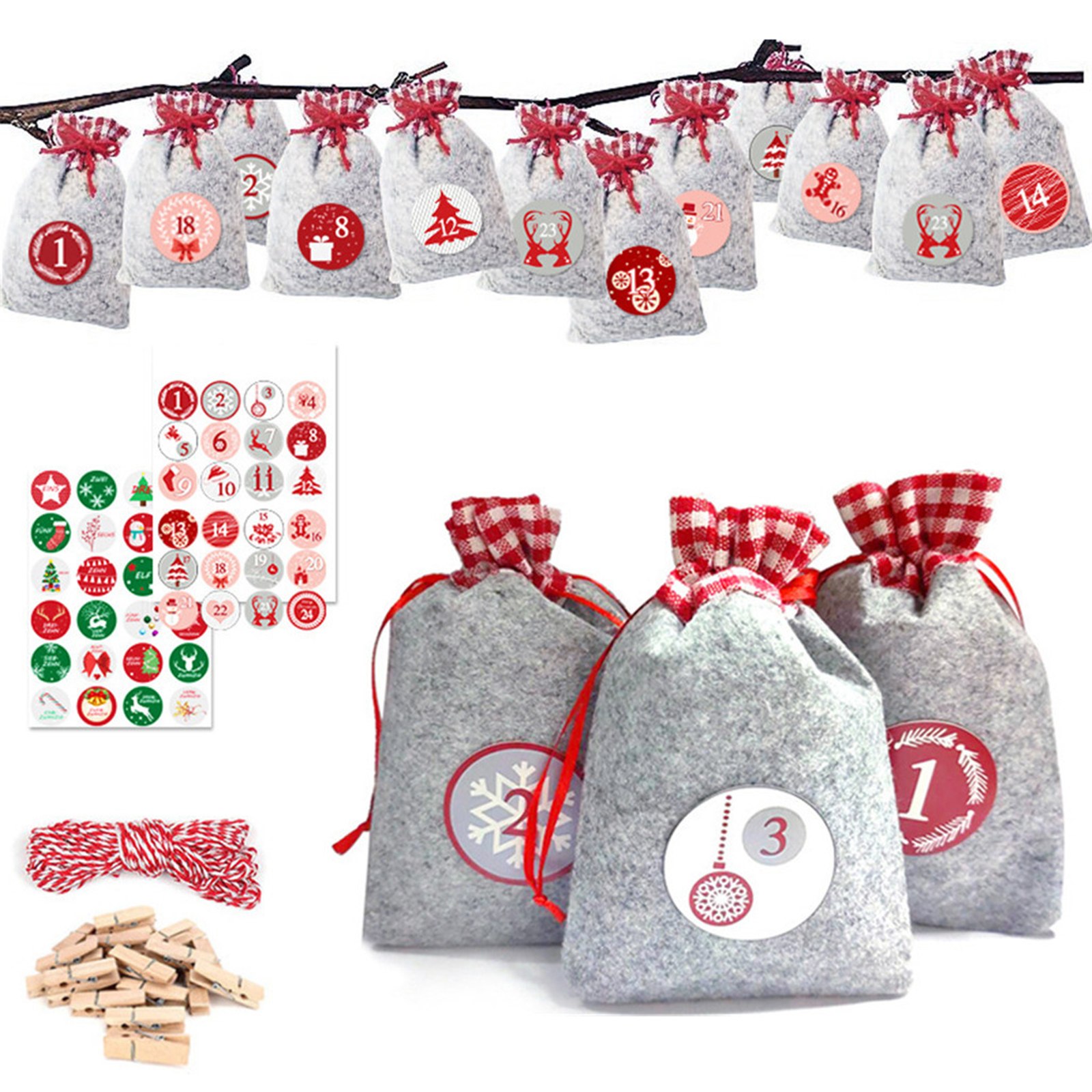 24pcs Advent Calendar Christmas Gift Bag Set Xmas Tree Hanging Candy ...